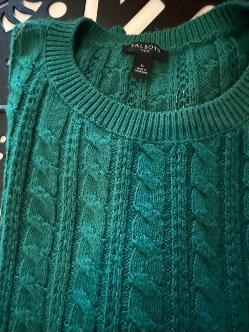 Talbots Emerald Green Cable-Knit Crewneck Sweater Lush Green S-Petite NWOT - Picture 6 of 7